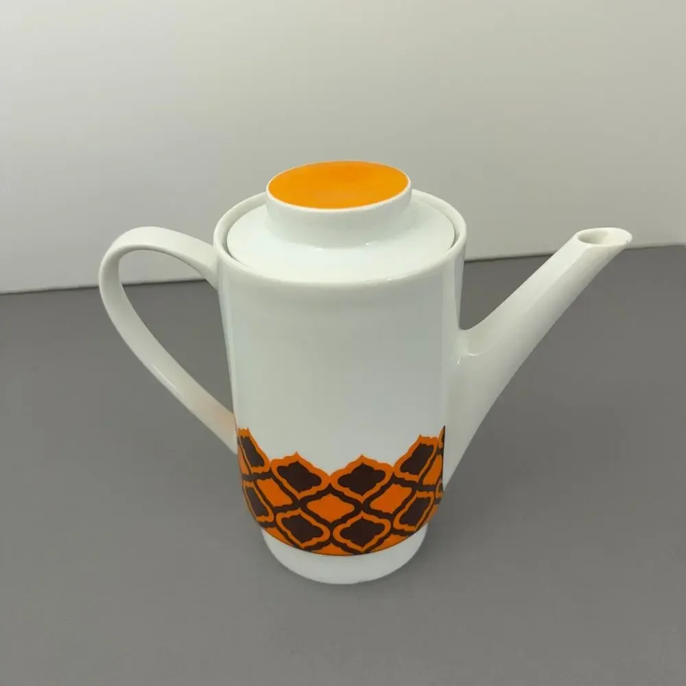 VTG Melitta Germany Coffee Pot White Orange Brown Geometric Atomic MCM Porcelain
